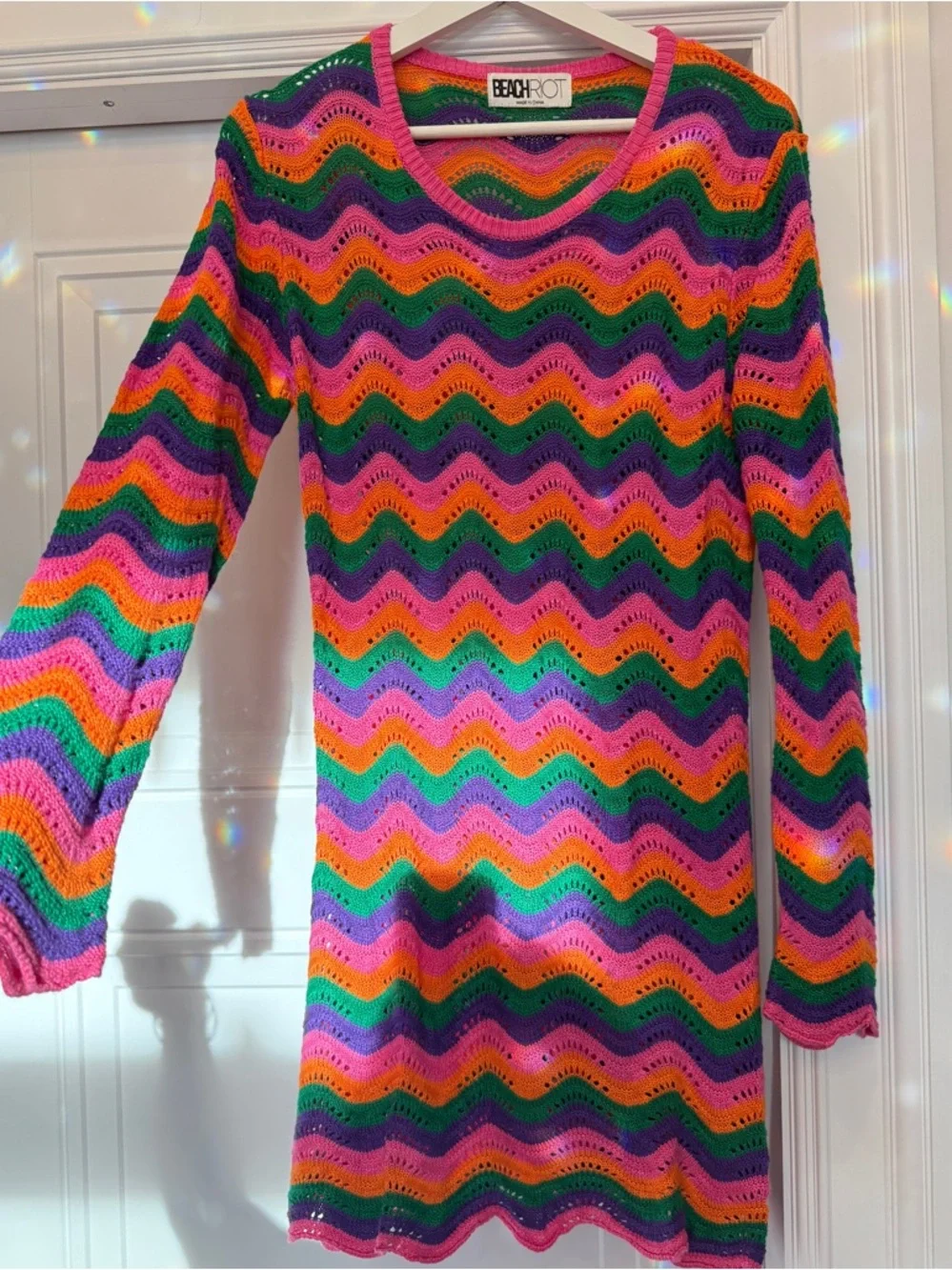 Beach Riot bright colorful knit mini dress bell sleeve large coverup - Picture 2 of 4